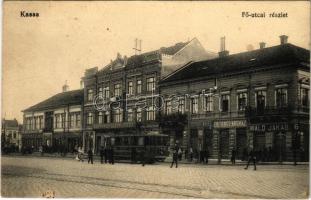 Kassa, Kosice; Fő utca, Erzsébet áruház, Wald Jakab, Friedman Testvérek, Hirschbaum Simon üzlete, Kassai Jelzálogbank, villamos. Nyulászi Béla kiadása / main street, bank, shops, tram (Rb)