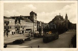 1951 Kassa, Kosice; Leninova ulica / Lenin utca, villamos, színház, üzletek, automobilok / street view, tram, theatre, shops, automobiles (EK)