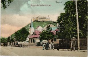 1911 Krasznahorkaváralja, Krásnohorské Podhradie (Rozsnyó, Roznava); vár az utcáról nézve, templom. Fuchs József kiadása / castle from the street, church (kis szakadás / small tear)