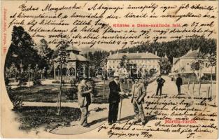 1904 Bártfa-fürdő, Bardejovské Kúpele, Bardiov, Bardejov; kilátás a Deák szálloda felé, fürdő vendégek. Divald Adolf 145. / hotel, spa guests