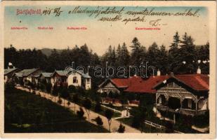 1915 Bártfa-fürdő, Bardejovské Kúpele, Bardiov, Bardejov; Sándor lak, Adrien, Budapest és Kaczvinszky villa. Eschwig és Hajts kiadása. Hajts Kornél felvétele / street view, villas