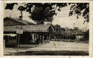 1939 Budapest XII. Svábhegy, Fogaskerekű vasútállomás, Svábhegy cukrászda és kávéház, Modiano Trafik, "Vigyázz ha jön a vonat!" tábla (fl)