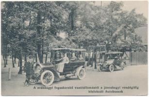 1927 Budapest XII. Svábhegyi fogaskerekű vasútállomástól a jánoshegyi vendéglőig közlekedő autóbuszok sofőrrel. Kozár Mihály vendéglős kiadása (EK)