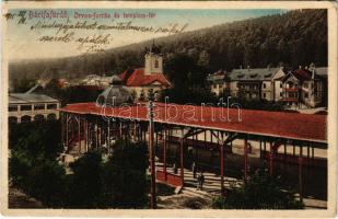 1915 Bártfa-fürdő, Bardejovské Kúpele, Bardiov, Bardejov; Orvos forrás és Templom tér. Eschwig és Hajts kiadása. Hajts Kornél felvétele / mineral water spring, church