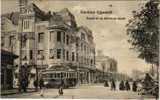 1912 Budapest IV. Újpest, Árpád út és István út sarok, villamos, cukrászda, gyógyszertár, üzletek. Salgó kiadása (EK)