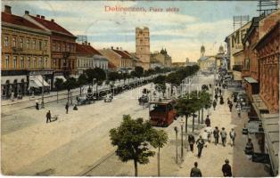 1912 Debrecen, Piac utca, Központi szálloda, Debreczeni Helyi Vasút Rt. (DHV) kisvasút, városi vasút, Neumann M., Tolnai, Lofkovits Arthur, Mandel Lipót üzlete, rézöntöde, bazár. Szentkirályi és Nagy kiadása (EK)