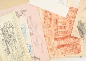Varga Mátyás (1910-2002) grafikus, által készített rajzok, össz. 18 db. Klf. technikák, papír, részb...