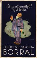 Fél az influenzától? Fáj a torka? Öblögesse naponta borral. Kiadja a Szőlő- és Borpropaganda Iroda, Klösz György és fia / Hungarian wine advertisement, humour s: Gönczi Gebhardt (Rb)