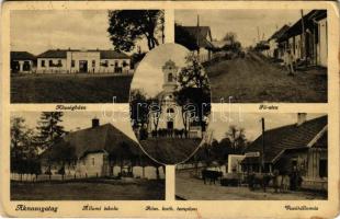 1941 Aknasugatag, Ocna Sugatag; állami iskola, vasútállomás, Fő utca, községháza, római katolikus templom. Márton Jenő felvételei / school, railway station, main street, town hall, church (gyűrődések / creases)