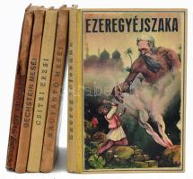 Forrás könyvkiadó mesekönyv sorozata 5 kötete:   Ezeregyéjszaka. Bp,[1935], Tolnai, 124+4 p. Fekete-fehér illusztrációkkal. Kiadói félvászon-kötés, Forrás Rt.-kötés, kopott borítóval, laza, sérült kötéssel, egy lap szélén sérüléssel.;   Nagyanyó meséi. Ford.: Győry Ilona. Bp,[1935], Tolnai, 120 p. Szövegközti fekete-fehér rajzokkal illusztrált. Kiadói kartonált papírkötés, Forrás Rt-kötés, kissé kopott borítóval, foltos.;   Csitri Erzsi és egyéb elbeszélések. Átdolgozta: Győri Ilona. Bp.,[1942], Tolnai, 125+3 p. Fekete-fehér illusztrációkkal. A borító K. Sávely Dezső (1868-1938) festőművész munkája. Kiadói félvászon-kötés, Forrás Rt.-kötés, kissé kopott borítóval, foltos.   Bechstein meséi. Ford.: Dávid Margit. Bp.,[1935],Forrás, 122+6 p. Fekete-fehér illusztrációkkal. A borító K. Sávely Dezső (1868-1938) festőművész munkája. Kiadói kartonált papírkötés, Forrás Rt-kötés, kissé kopott borítóval, kissé sérült gerinccel, foltos.;   Hauff meséi. Ford.: Dávid Margit. Bp,[1935], Tolnai, 122+6 p. Fekete-fehér illusztrációkkal. Kiadói kartonált papírkötés, Forrás Rt-kötés, kissé kopott borítóval, sérült, részben hiányos gerinccel, javított kötéssel, foltos.;