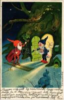 1943 Boldog újévet! Síelő törpe / New Year greeting, skiing dwarves. litho (EK)