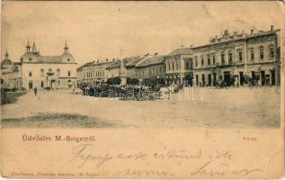 1900 Máramarossziget, Sighetu Marmatiei; Fő tér, Korona szálloda és kávéház, Klein üzlete. Kaufmann Ábrahám kiadása / main square, shops, hotel and cafe (EK)