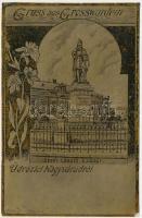 Nagyvárad, Oradea; Szent László szobor. Pauker Dániel kiadása. Szecessziós fémes hatású fóliás képeslap / statue, monument. Art Nouveau metallic foil postcard, Floral (r)