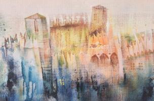 Várkonyi János (1947-): Régi város. Olaj, farost. Jelzett. A hátoldalán autográf felirattal. Dekorat...