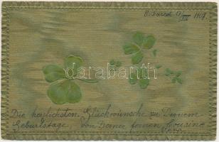 1907 Lóherés dombornyomott selyemlap / Clovers embossed silkcard (Rb)