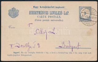 1892 Hirdetményes 2kr levelezőlap &quot;BUDAPEST / FŐPOSTA&quot; (Hodobay: 24/6 változat, 10.000)