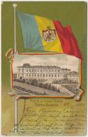 1903 Turnu Severin, Szörényvár; Parcul si Liceul Traian / grammar school and park. Art Nouveau, litho with Romanian flag and coat of arms (worn corners)