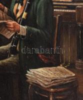 Olvashatatlan jelzéssel: Poharazó zenész. Olaj, vászon. Dekoratív, kissé kopott fakeretben. 40x30 cm