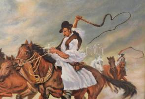 Bondor jelzéssel: Vágtató lovak csikóssal. Olaj, vászon. Dekoratív, kissé sérült fakeretben. 50x60 c...