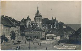 1931 Segesvár, Schässburg, Sighisoara; Piata Unirii / Unions-Platz / tér, H. Girscht, Jul. Schoppelt, Sill üzlete, piac / square, shops, market (ragasztónyom / glue marks)