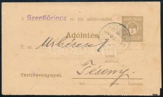 1914 5f díjjegyes Adóintés &quot;SZENTLŐRINCZ&quot; - Téseny, hátoldalán &quot;BAKSA / BARANYA VM.&quot; bélyegzés