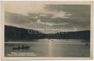 1939 Nagyszeben, Hermannstadt, Sibiu; Lacul Dumbravei / Waldsee / Erdei tó, csónakázók / forest lake, rowing boats (ragasztónyom / glue marks)