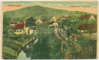 Boksánbánya, Németbogsán, Deutsch-Bogsan, Bocsa Montana; Tájkép, vasútvonal. Rosner Adolf kiadása / Teilansicht / general view, railway line (vágott / cut)