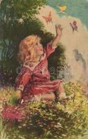 Kislány pillangókkal, Wenau Pastell No. 1138. s: Maxim Trűbe, Little girl with butterflies, Wenau Pastell No. 1138. s: Maxim Trűbe