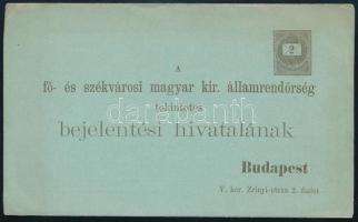 1897 Használatlan 2kr díjjegyes Rendőrségi 3 részes Bejelentési lap, kiváló minőségben (Hodobay: 2. 3.500)