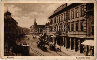 1927 Miskolc, Széchenyi utca, villamos, üzletek (Rb)