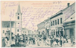 1903 Karánsebes, Caransebes; Vásártér, Eperjesy &amp; Füszfás, Eduard Neumann és B. Reisz üzlete, templom. Kiadja H. Rosenfeld / Marktplatz / market square, shops, church (EK)