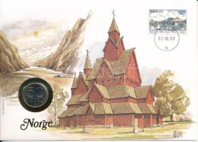 Norvégia 1987. 50ö Cu-Ni felbélyegzett érmés borítékban, bélyegzéssel, német nyelvű leírással T:AU  Norway 1987. 50 Öre Cu-Ni in coin envelope with stamp, cancellation, and a prospectus in german C:AU