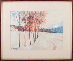 B. Hajdú László (1926-1998): Havas táj. Vegyes technika, papír, jelezve balra lent. Üvegezett fakere...