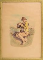 Glatz Oszkár (1872-1958): Furulyázó fiú. Színezett litográfia, papír, jelezve jobbra lent. Üvegezett...