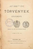 Az 1886-dik évi törvények gyűjteménye. I. füzet. (IVII t.cz.) Kiadja a M. Kir. Belügyministerium. Bp., 1886, Nagel Ottó (Pesti Könyvnyomda Rt.) Kiadói félvászon-kötés, sérült gerinccel, kopott borítóval, a címlapon a belügyminisztérium pecsétjével.