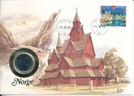 Norvégia 1988. 1K Cu-Ni felbélyegzett borítékban, bélyegzéssel, német nyelvű leírással T:UNC Norway 1988. 1 Krone Cu-Ni in envelope with stamp, cancellation and a prospectus in german C:UNC