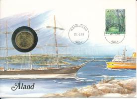 Finnország / Aland 1986. 20p Al-bronz felbélyegzett borítékban, bélyegzéssel, német nyelvű leírással T:UNC patina Finland / Aland 1986. 20 Penniä Al-bronze in envelope with stamp, cancellation and a prospectus in german C:UNC patina