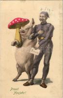 1911 Prosit Neujahr! / New Year greeting art postcard with chimney sweeper, pig and mushroom (fl)