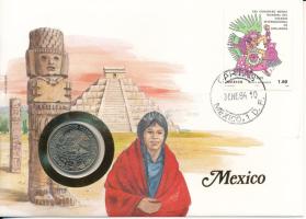 Mexikó 1981. 1P Cu-Ni, felbélyegzett borítékban, bélyegzéssel, német nyelvű leírással T:UNC Mexico 1981. 1 Peso Cu-Ni in envelope with stamp, cancellation and a description in german C:UNC