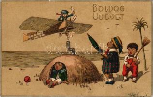 Boldog Újévet / New Year greeting art postcard with Black American children. litho (fl)