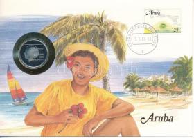 Aruba 1988. 1Fl Cu-Ni Beatrix bélyeges érmés borítékon, német nyelvű ismertetővel T:AU (eredetileg PP)  Aruba 1988. 1 Florin Cu-Ni Beatrix coin letter with stamp and German description C:AU (originally PP)