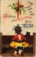 1907 Wishing you Christmas cheer / Christmas greeting art postcard with Black American girl and cat. litho s: Ellen H. Clapsaddle (fa)