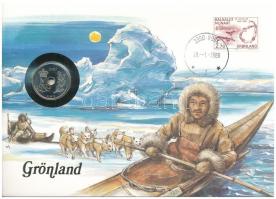 Grönland, benne Dánia 1987. 25ö felbélyegzett borítékban, bélyegzéssel, német nyelvű leírással T:UNC  Greenland with Denmark 1987. 25 Öre coin in envelope with stamp and cancellation, with German description C:UNC