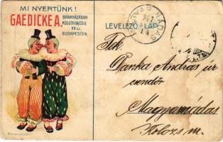 1907 Gaedicke A. Bankháza. Budapest V. Kossuth Lajos u. 11. Radicke H. kiadása / Hungarian bank house advertisement with clowns (fl)