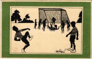 Football match, humour, silhouette art postcard. B.K.W.I. 260-1. s: Fritz Schönpflug (EK)