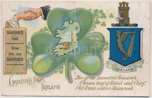 Greetings from Ireland. Shamrock seed, grow your own shamrock! Art Nouveau clover, map and coat of arms / Üdvözlet Írországból! Szecessziós lap lóherével, térképpel, címerrel és vetőmaggal - litho (fa)