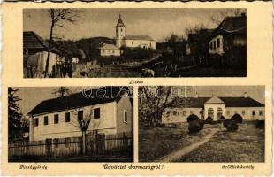 Sarmaság, Sarmasag; látkép, templom, Pénzügyőrség, Frőhlich kastély / general view, church, finance guard and customs office, castle (kis szakadás / small tear)