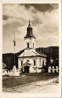 Felsőbánya, Baia Sprie; Református templom, Országzászló, Hangya szövetkezet kiadása / church, Hungarian flag