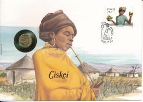 Dél-Afrika 1990. 10c bronz felbélyegzett "Ciskei" borítékban, alkalmi bélyegzéssel, német nyelvű leírással T:AU South Africa 1990. 10 Cents bronze in "Ciskei" envelope with stamp and cancellation, with german language description C:AU