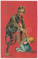 1909 Gruss vom Krampus - embossed / Dombornyomott Krampusz üdvözlet. EAS litho